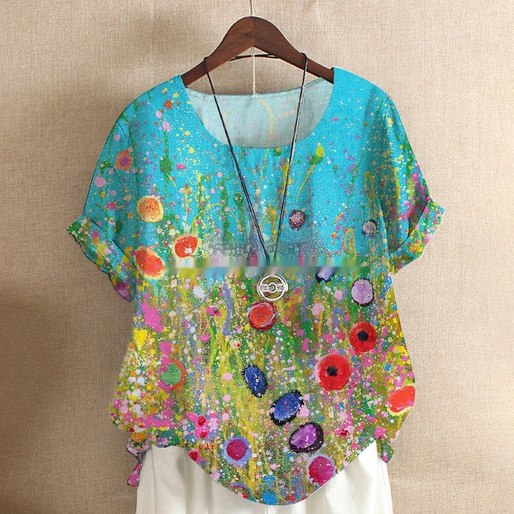 New Short-sleeved T-shirt Flower And Plant Painting 3D Digital Printing Top Limorista