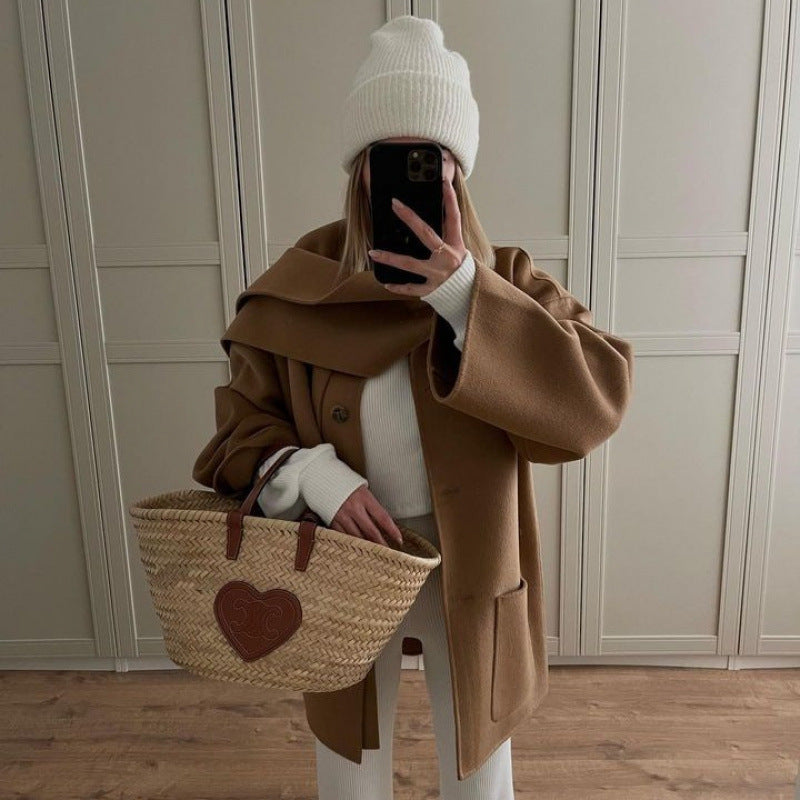 Scarf Collar Loose Jacket Short Woolen Coat Limorista