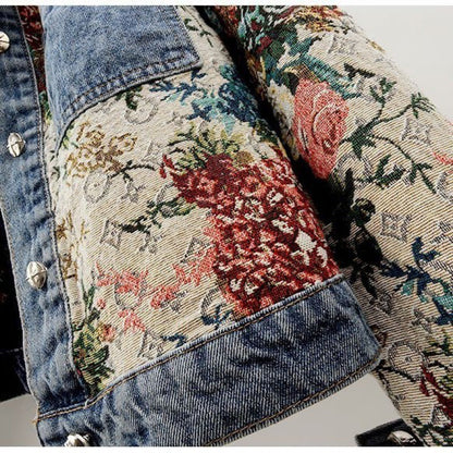 All-match Printed Patchwork Long Sleeves Lapel Denim Coat Limorista