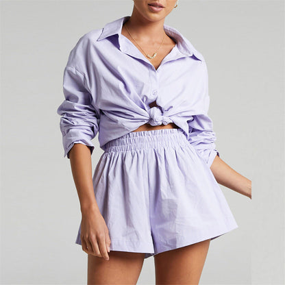 Solid Single Breasted Long Sleeve Lapel Shirt Shorts Limorista