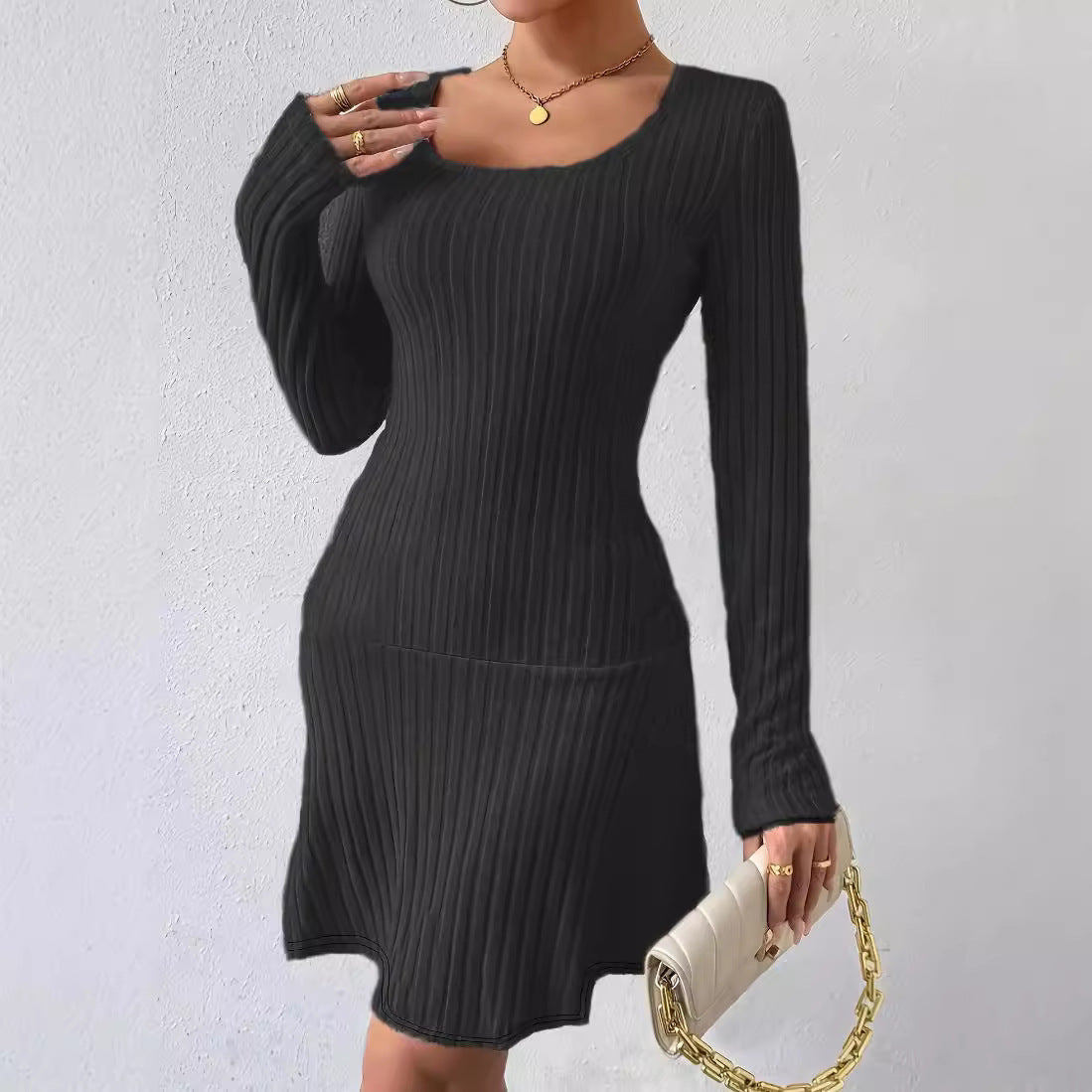 Fashion Solid Color Waist Tight Long Sleeve Dress Limorista