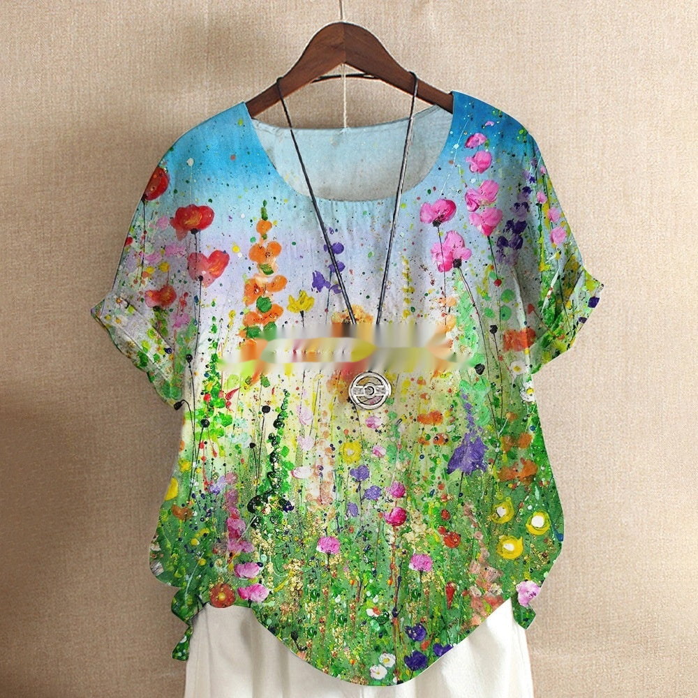 New Short-sleeved T-shirt Flower And Plant Painting 3D Digital Printing Top Limorista