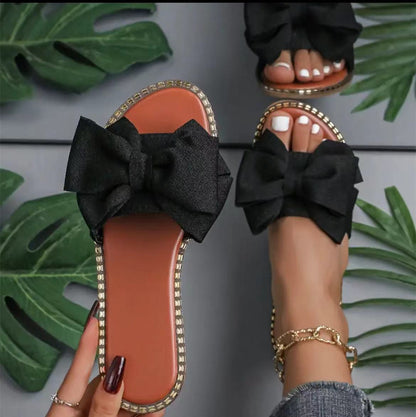 Flat Bottom Rhinestone Bowknot Slippers Women&
