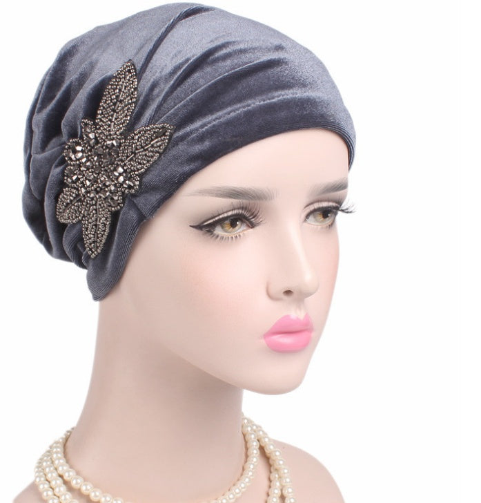 Beaded Flower Accessories Turban Hat Velvet Pleated Hood Limorista