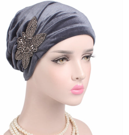 Beaded Flower Accessories Turban Hat Velvet Pleated Hood Limorista