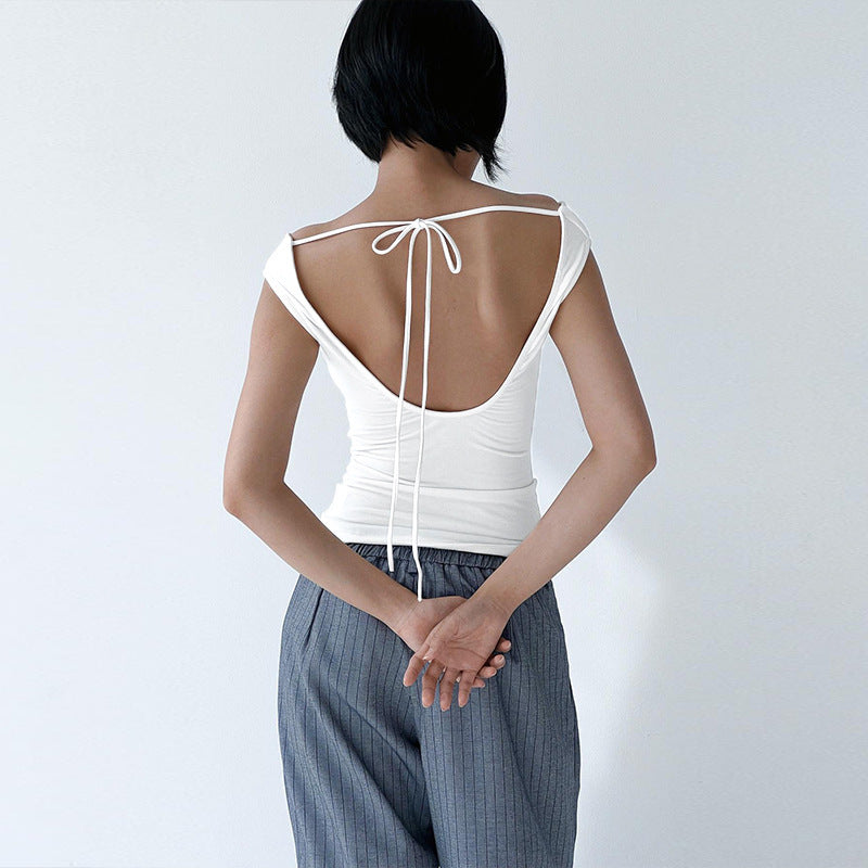 European And American Solid Color Swing Collar Sleeveless Backless Lace-up Sexy Vest Top T-shirt Limorista