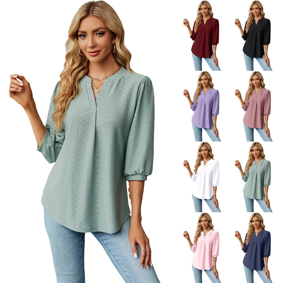 Limorista - Solid Color Lace Collar Jacquard Long Sleeve Loose-fitting T-shirt Top