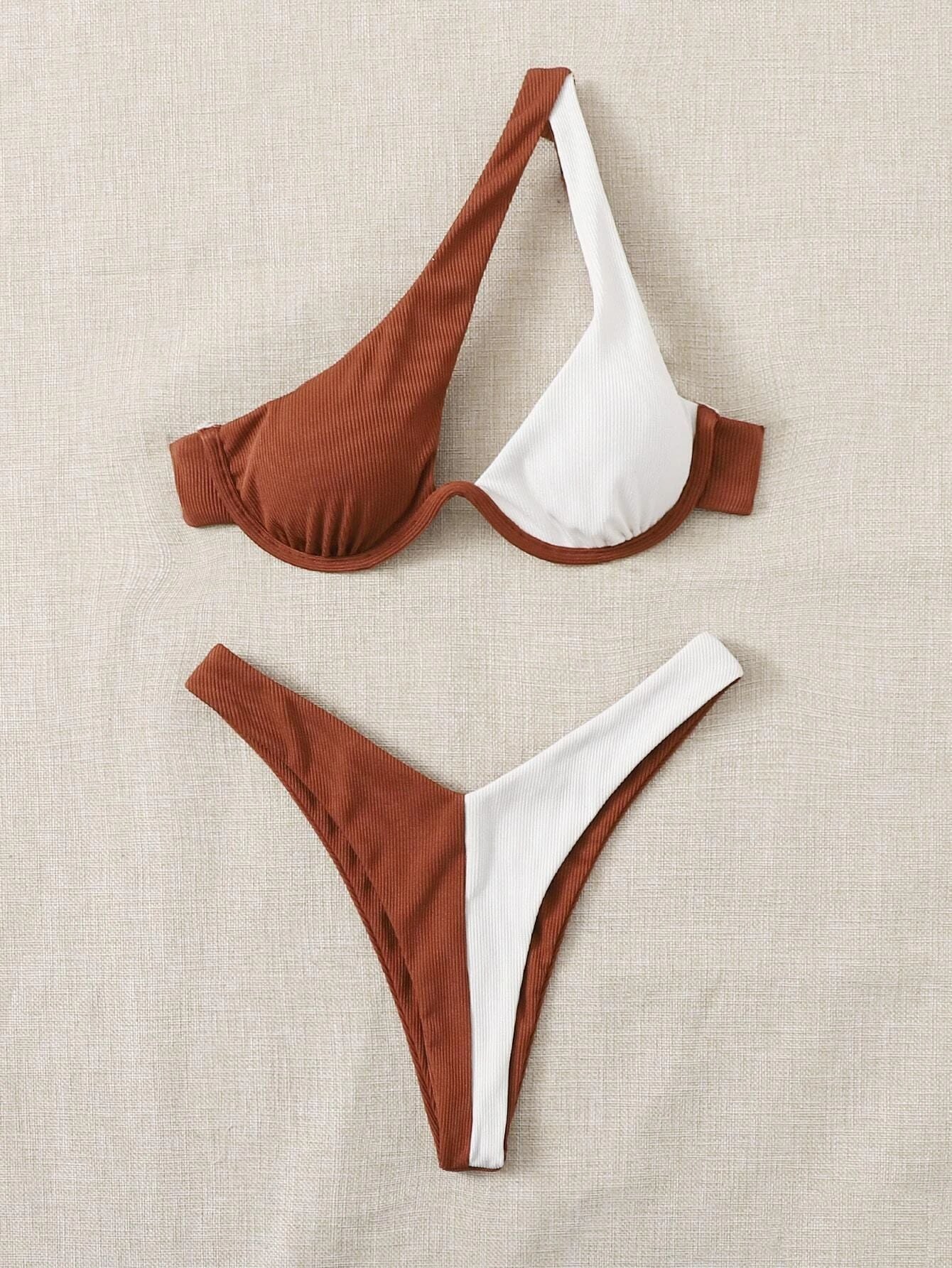Ladies Split Swimsuit Solid Color One Shoulder Underwire Bikini Limorista