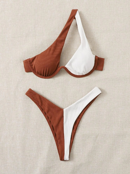 Ladies Split Swimsuit Solid Color One Shoulder Underwire Bikini Limorista