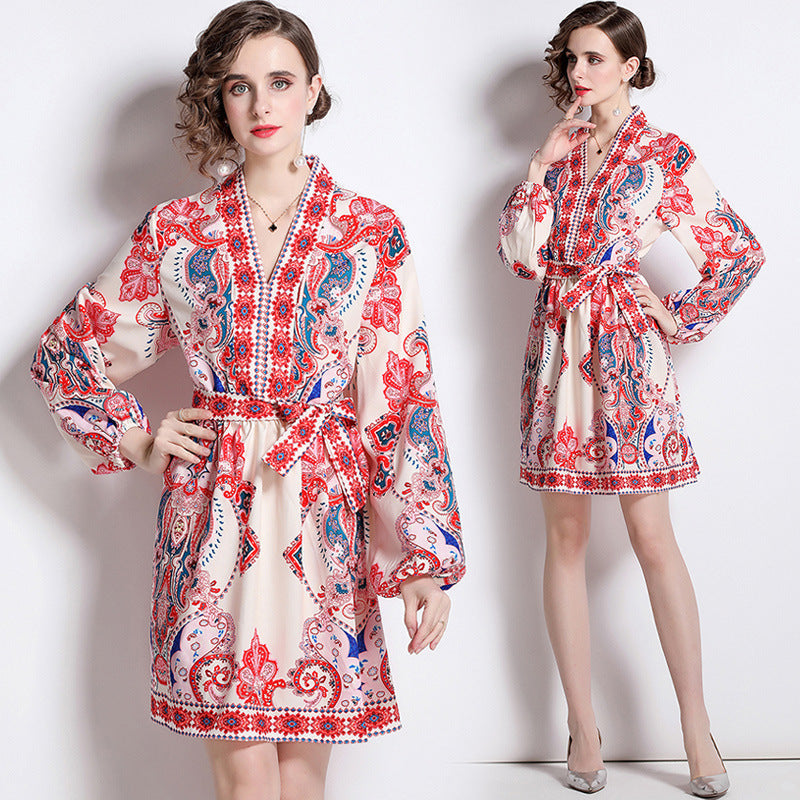European And American Style Positioning Pattern V-neck Slimming Long Sleeves Dress Limorista