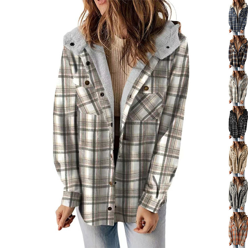 Limorista - Casual Plaid Hooded Woolen Coat Thickened Fleece-lined Warm Jacket
