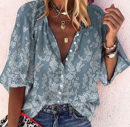 Fashion V-neck 3d Floral Printed Long-sleeved Top Limorista