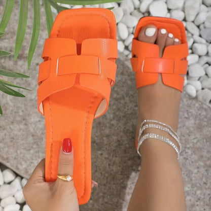 Square Toe Flat Sandals Summer Hollow Out Slides Slippers Women Footwear Limorista