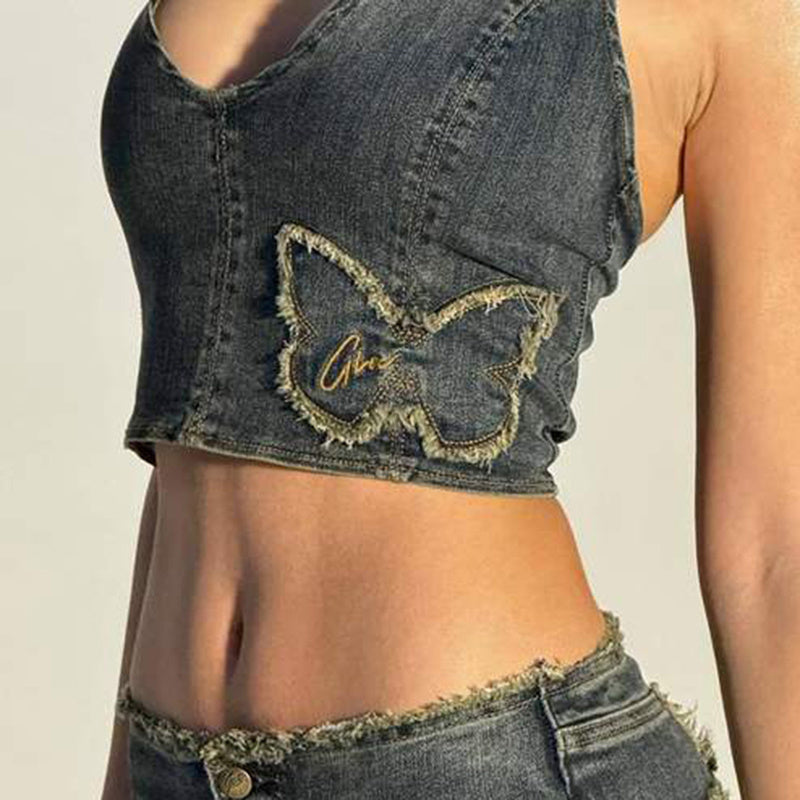 Girl Featured Loose Edge Butterfly Denim Halter Slimming Niche Vest Limorista