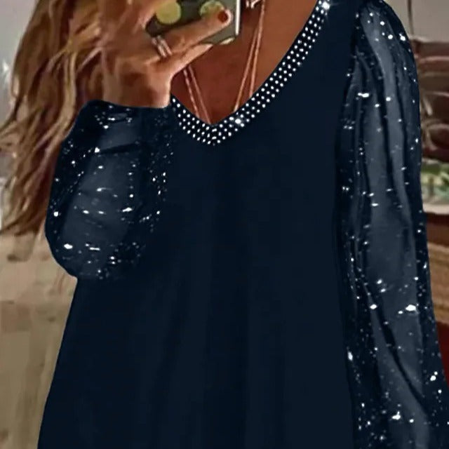 Limorista - Pure Sequined Top Pleated Long Sleeve V-neck Casual