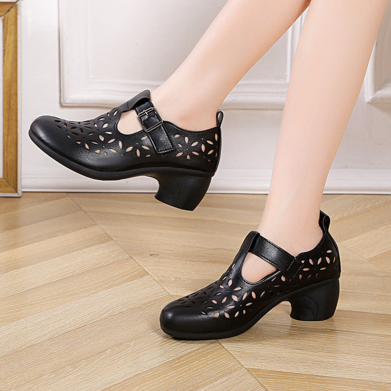 High Heel Retro Hollow Sandals Spring And Summer New Round Toe Buckle Mom Shoes Limorista