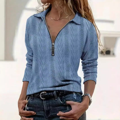 Lapel Solid Color Texture Series Zipper Women&