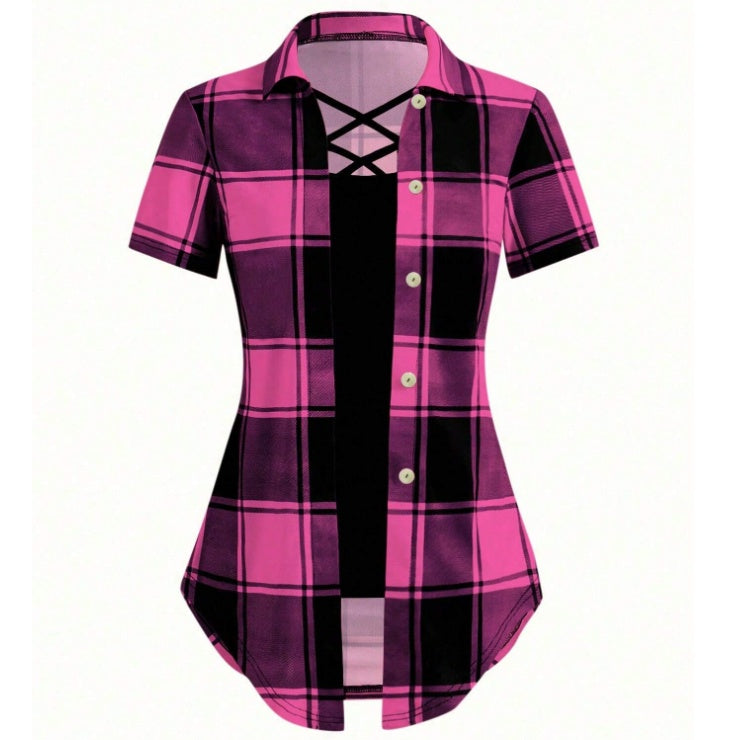 Unity AB Splicing Collar Turn-D2 In 1 Plaid Short-Sleeved T-Shirt Limorista
