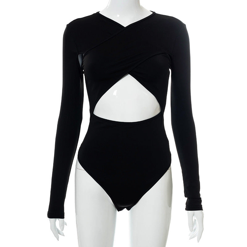 Pure Color Cross-cut Long-sleeved Cut-waist Slim-fit Bodysuit Limorista