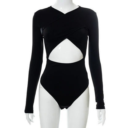 Pure Color Cross-cut Long-sleeved Cut-waist Slim-fit Bodysuit Limorista