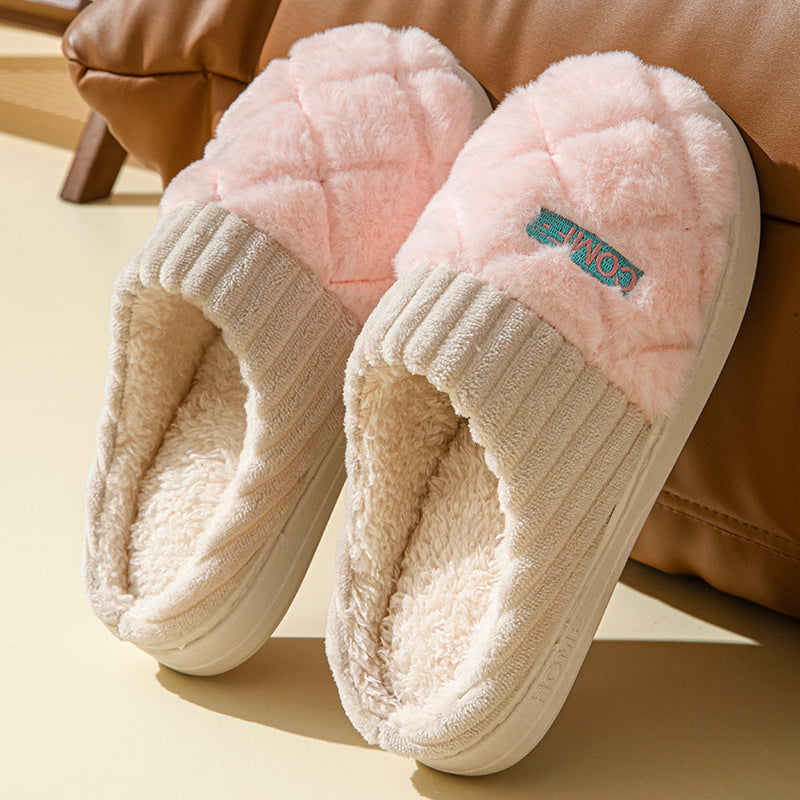 Solid Rhombic Letter Home Slippers Winter Warm Non-slip Floor Bedroom Plush Slipper For Couple House Shoes Women Men Limorista