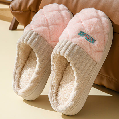 Solid Rhombic Letter Home Slippers Winter Warm Non-slip Floor Bedroom Plush Slipper For Couple House Shoes Women Men Limorista
