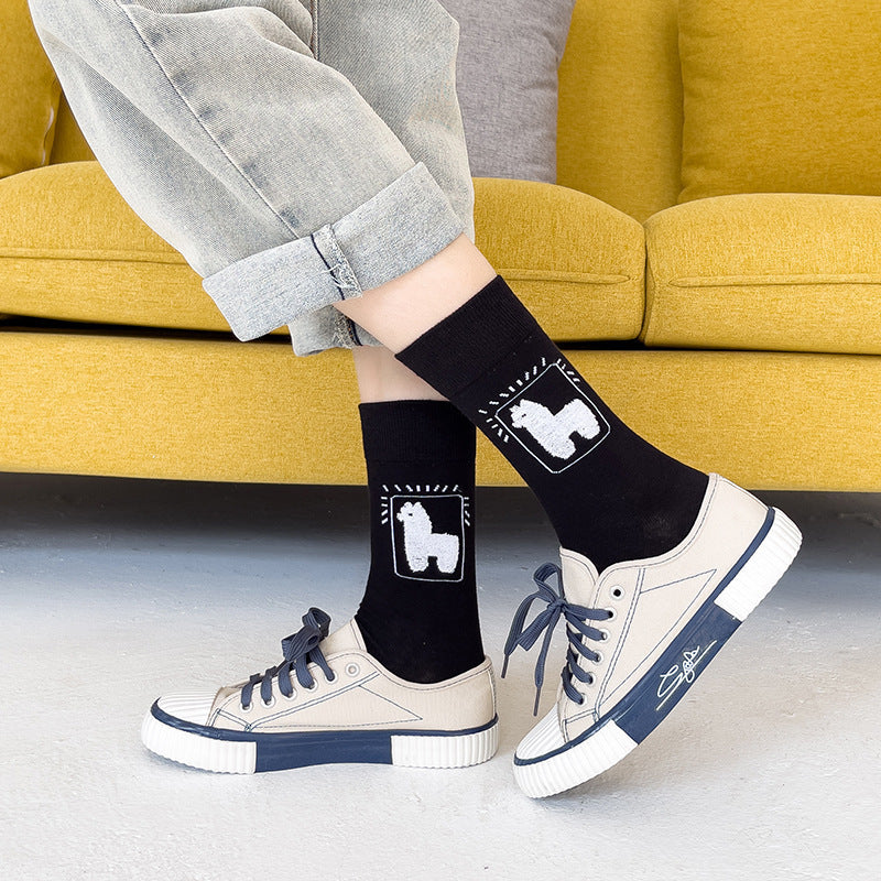 Spring And Autumn Tube Socks Cute Cartoon Black White Gray Alpaca Socks Limorista