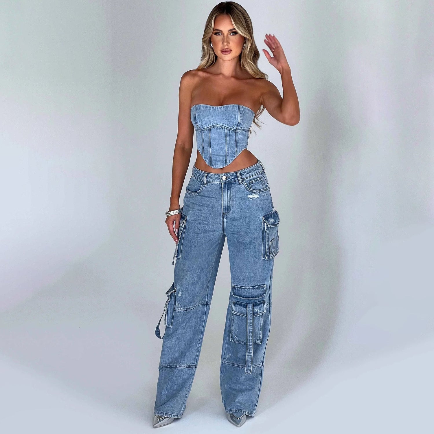 2Pcs Denim Suits Summer Sexy Backless Tube Top And Multi-pocket Straight Trousers Fashion Long Pants Suit Womens Clothing Limorista