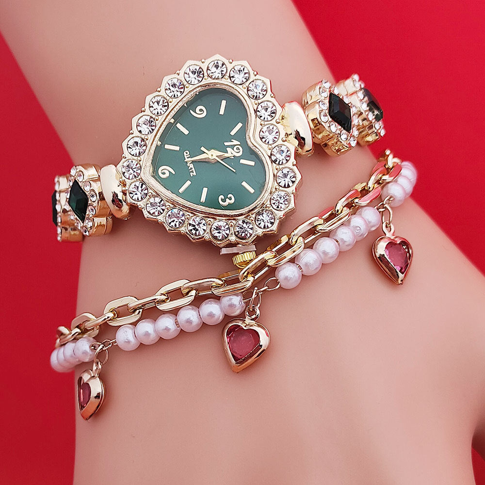 Fashion Love Shape Bracelet Watch Set Diamond Colored Heart Quartz Watch Women&