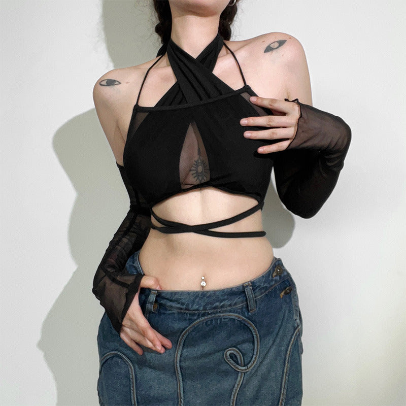 Limorista - Hot Black Cross Neck Halter Top