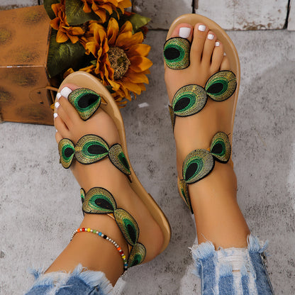 Fashion Peacock Embroidery Pattern Flat Sandals Summer Vacation Casual Clip Toe Beach Shoes For Women Limorista