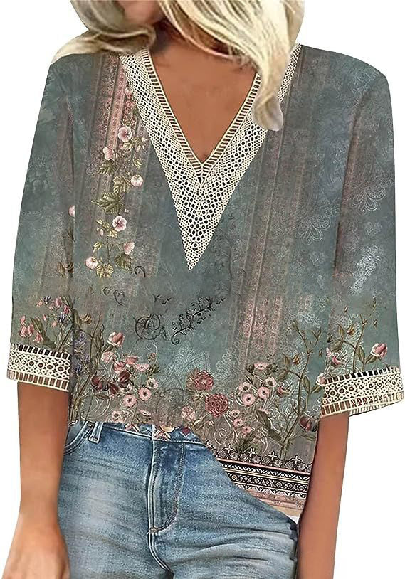 Wear Loose New Floral Print Stitching Lace Half Sleeve V-neck T-shirt Limorista