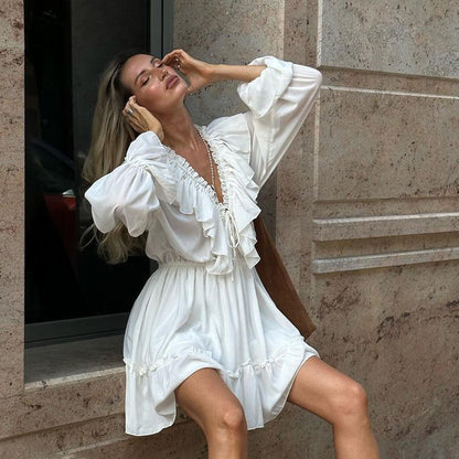 Fashion V Neck Pleated Ruffle Long Sleeve Dress Y2K V Neck Flared Sleeve Short Dress Women&