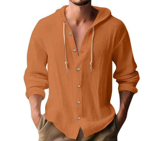 Cotton And Linen Shirt Hooded Sweater Button Long Sleeve Limorista