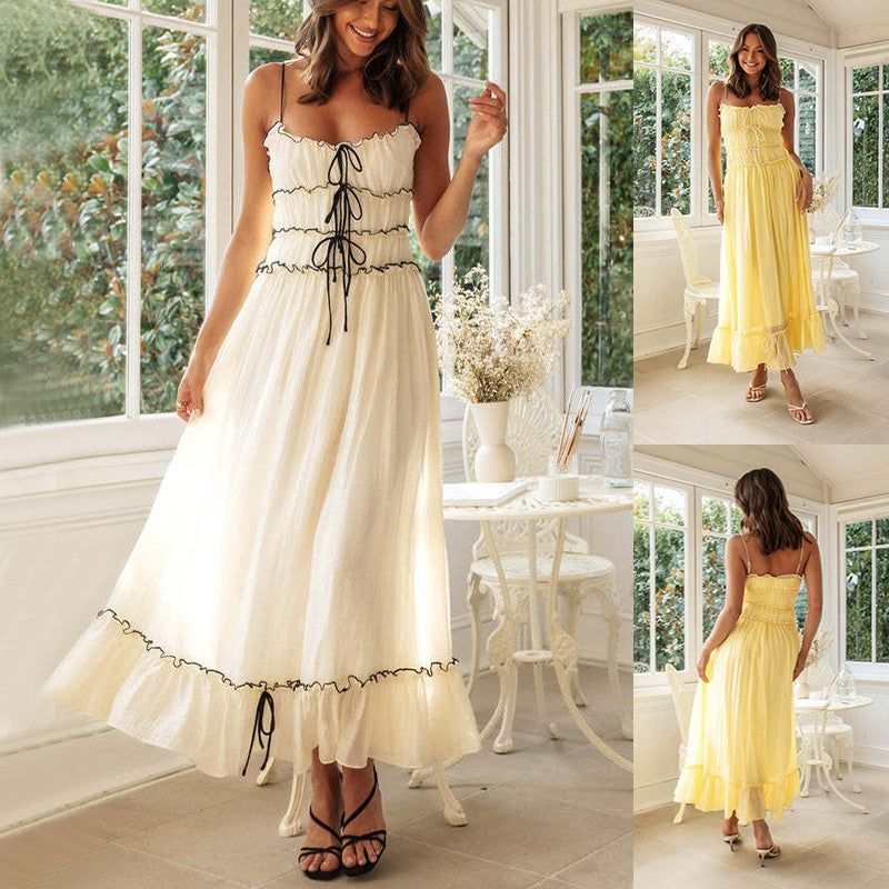 Summer Suspender Spaghetti Strap Long Dresses With Bow Pleat Design Fashion Sweet Bow Beach Dress For Womens Clothing Limorista