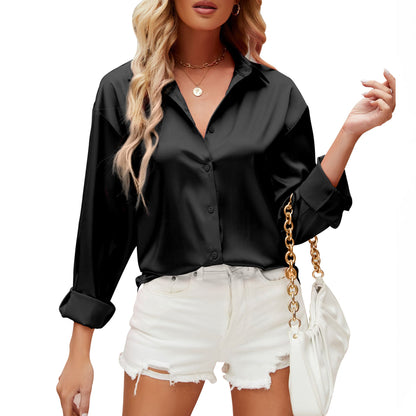 Satin Commuter Solid Color V-neck Long Sleeve Shirt Women Limorista