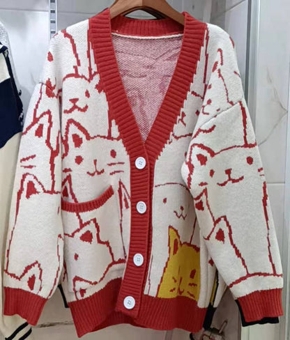 Sweet Outer Wear Knitted Jacquard Full-body Cartoon Cat Single-breasted Cardigan Sweater Limorista