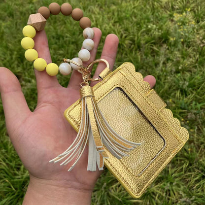 Silicone Bead Bracelet Card Bag Pu Tassel Women&