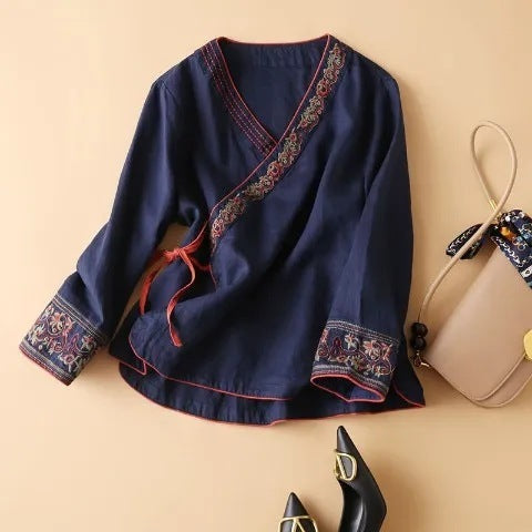 Cotton And Linen Long Sleeve T-shirt Women&