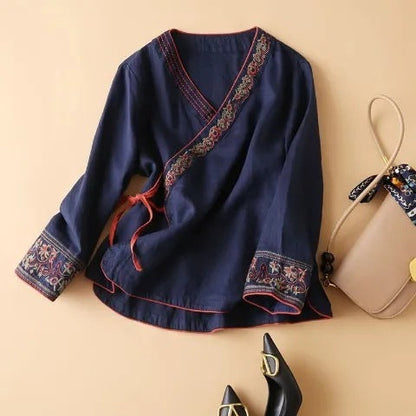 Cotton And Linen Long Sleeve T-shirt Women&