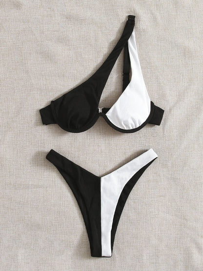 Ladies Split Swimsuit Solid Color One Shoulder Underwire Bikini Limorista
