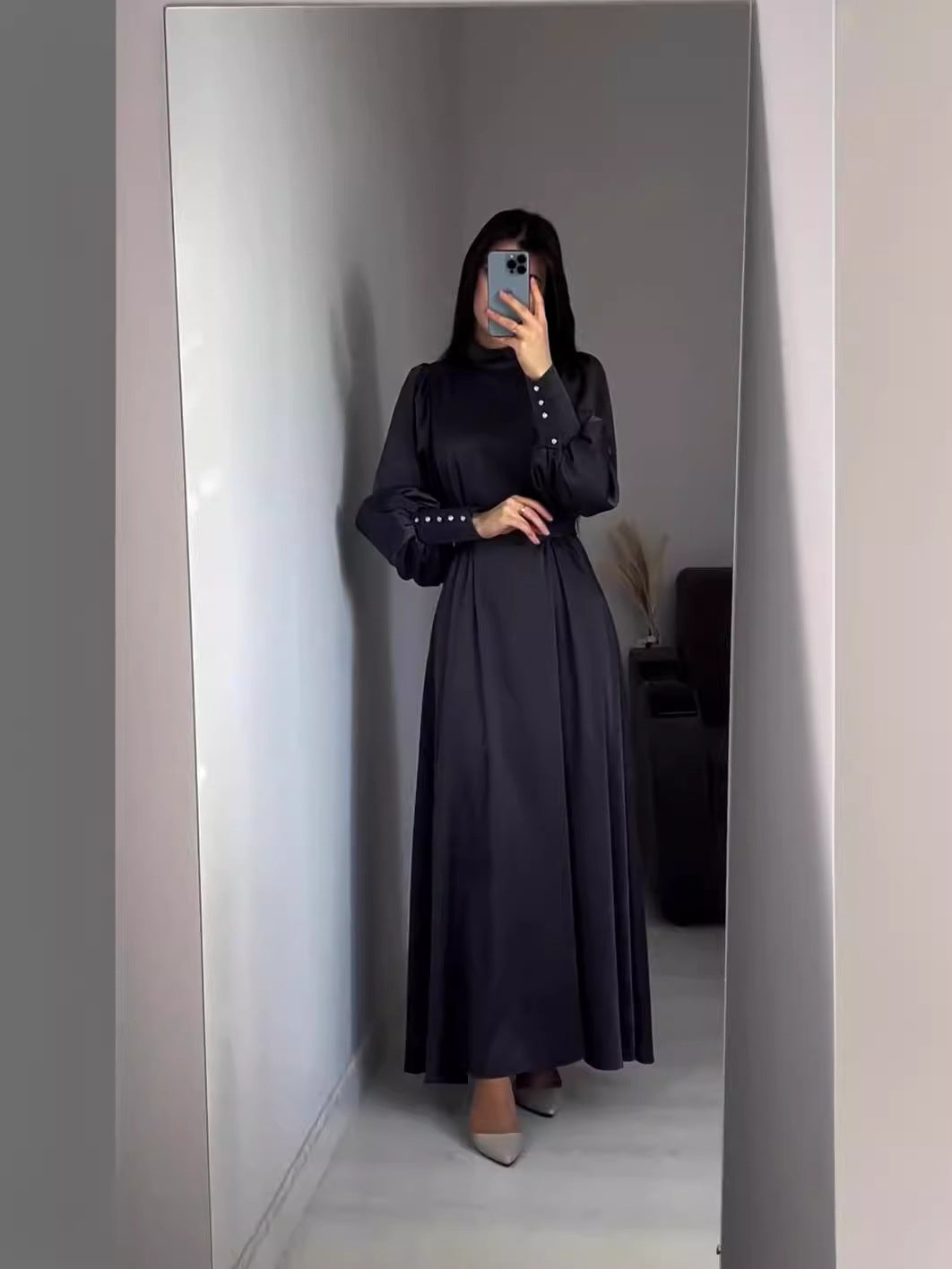 Waist Solid Color Long Sleeve Slim Fit Belt Retro Dress Limorista