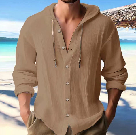 Cotton And Linen Shirt Hooded Sweater Button Long Sleeve Limorista