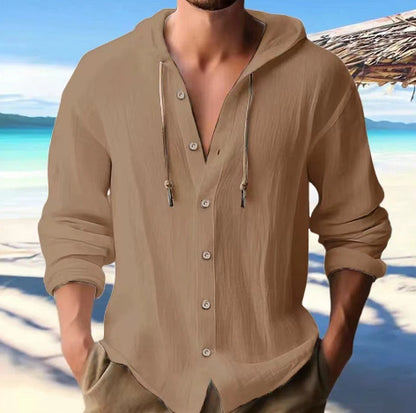 Cotton And Linen Shirt Hooded Sweater Button Long Sleeve Limorista