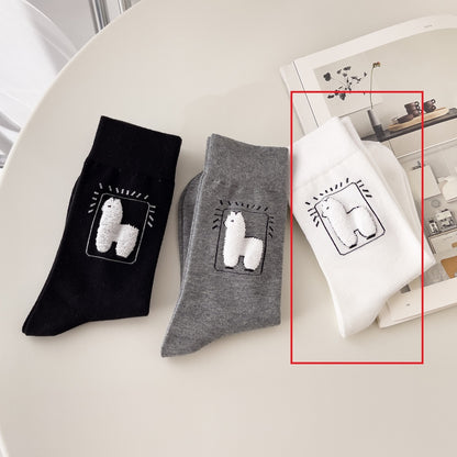 Spring And Autumn Tube Socks Cute Cartoon Black White Gray Alpaca Socks Limorista