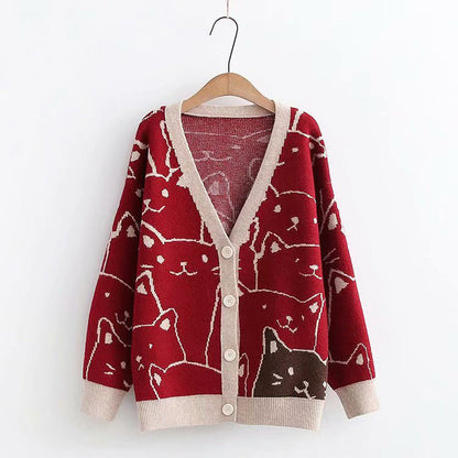 Sweet Outer Wear Knitted Jacquard Full-body Cartoon Cat Single-breasted Cardigan Sweater Limorista