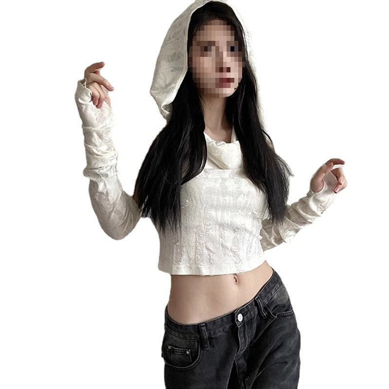 American Hot Girl Sleeveless Cold-shoulder Hooded Oversleeve T-shirt Limorista