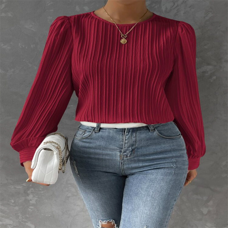 Spring Round Neck Lantern Sleeve Long Sleeve Solid Color Loose Blouse Limorista
