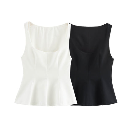 Pleated Slim-fit Square Collar Sleeveless Small Top Limorista