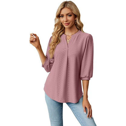 Solid Color Lace Collar Jacquard Long Sleeve Loose-fitting T-shirt Top Limorista